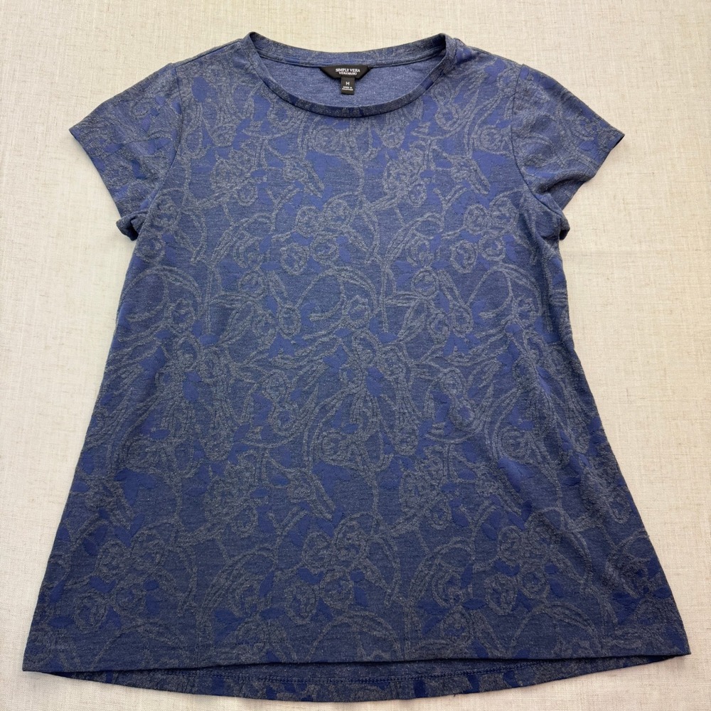 Simply Vera Vera Wang T-Shirt Womens Medium Blue Floral Burnout Jacquard Tee